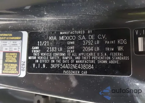 2022 Kia Forte Gt-Line from USA, damaged, VIN 3KPF54AD2NE438084